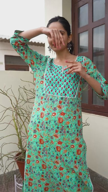 Blue Cotton Kurta with Mirror Embroidery at Yoke